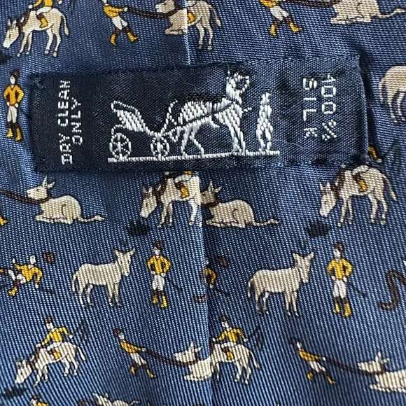 Hermes . Blue Tie with Donkey and Jockey Print. Made it France. 100% silk. - Picture 7 of 11